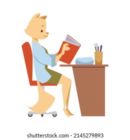 Cute cat anthropomorphic character sitting at desk with book and studying, flat cartoon vector illustration isolated on white background. Cat animal student at desk.