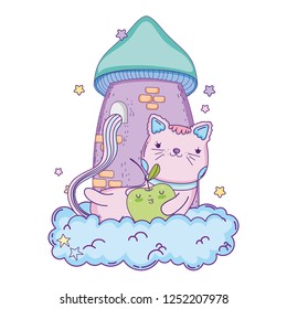 cute cat with apple fresh in cloud