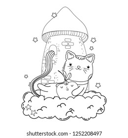 cute cat with apple fresh in cloud