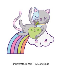 cute cat with apple fresh and rainbow
