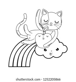 cute cat with apple fresh and rainbow