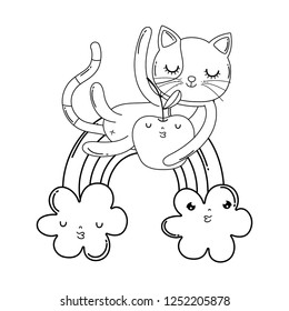 cute cat with apple fresh and rainbow