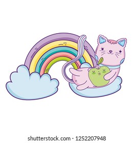 cute cat with apple fresh and rainbow