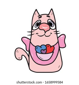 Cute cat in an apron with a pocket in which three hearts sticker .Vector design for greeting cards banners