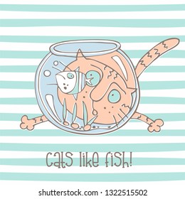 Cute cat with aquarium and fish.  Vector.