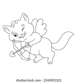 Cute cat archer. Coloring book page for kids. Cartoon style character. Vector illustration isolated on white background. Valentine's Day.