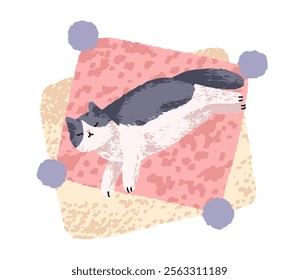 Cute cat asleep, relaxing and sleeping on cushion. Kitty lying on pillow, enjoying dream, peace. Adorable feline animal, pet at home, top view. Flat vector illustration isolated on white background