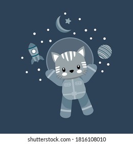 cute cat astronaut cartoon doodle vector illustration design for print