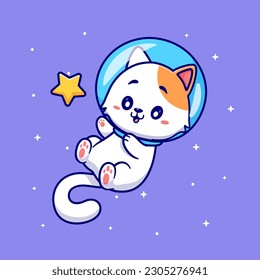 Cute Cat Astronaut Catching Star In Space Cartoon Vector Icon Illustration. Animal Science Icon Concept Isolated Premium Vector. Flat Cartoon Style