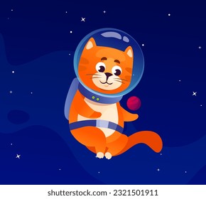 Cute cat astronaut character in a space suit with a planet yarn in the cosmos among stars. Graphic element for print, t-shirts, logo, and gift card design for children. Cartoon vector illustration.