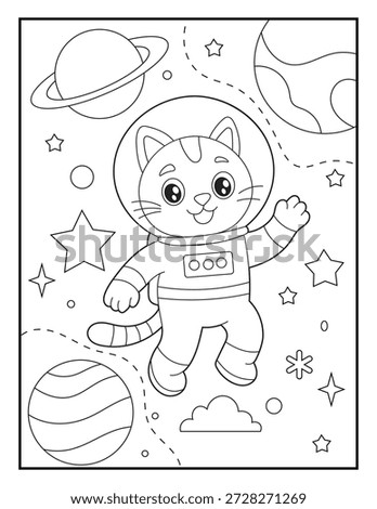 Cute Cat Astronaut Coloring Page for Kids. Happy Cartoon Kitten Floating in Outer Space with Planets and Stars