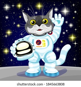 Cute cat in astronaut costume against the background of the starry sky.