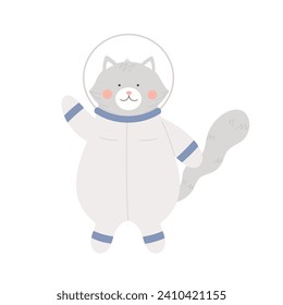 Cute cat in astronaut costume. Kitten cosmonaut exploring universe cartoon vector illustration