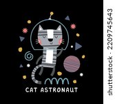 cute cat astronaut drawing as vector for kids fashion print