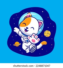 Astronauta De Gato Caliente Flotando En El Espacio Con Ilustración De Icono De Vector De Dibujo De Planeta Y Luna. Vector Premium Aislado De Icono De La Ciencia Animal. Estilo de dibujo plano