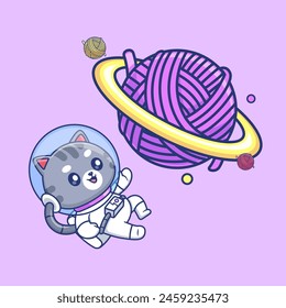 Cute Cat Astronaut Floating With Yarn Wool Planet Cartoon Vector Icon Illustration. Animal Science Icon Concept Isolated Premium Vector. Flat Cartoon Style