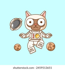 Cute cat astronaut flying animal kawaii chibi character mascot illustration outline style design set