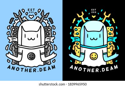 Cute cat with astronaut helmet doodle illustration for poster, sticker, or apparel merchandise.With vaporwave/synthwave style, aesthetics of 80s.