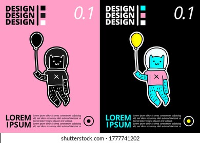 Cute cat with astronaut helmet holding balloon doodle illustration for poster, sticker, or apparel merchandise.With vaporwave/synthwave style, aesthetics of 80s.