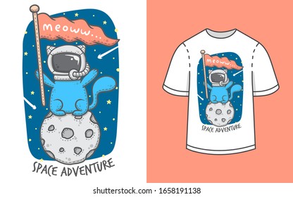 Cute cat with astronaut helmet in space illustration t shirt design