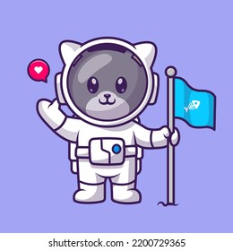 Cute Cat Astronaut Holding Fish Flag Cartoon Vector Icon Illustration. Animal Science Icon Concept Isolated Premium Vector. Flat Cartoon Style