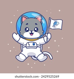 Lindo Gato Astronauta Sosteniendo La Bandera Del Pez En La Ilustración Del Icono Del Vector Del Dibujo Animado Del Espacio. Icono de la ciencia animal Concepto Vector Premium aislado. Estilo plano de dibujos animados