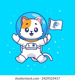 Cute Cat Astronaut Holding Fish Flag In Space Cartoon Vector Icon Illustration. Animal Science Icon Concept Isolated Premium Vector. Flat Cartoon Style