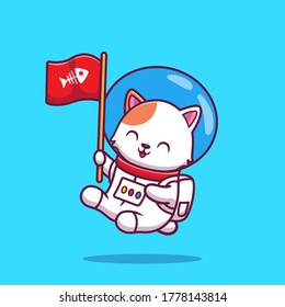 Cute Cat Astronaut Holding Flag Cartoon Vector Icon Illustration. Animal Science Icon Concept Isolated Premium Vector. Flat Cartoon Style