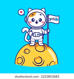 Cute Cat Astronaut Holding Flag Fish Bone On Moon Cartoon Vector Icon Illustration. Animal Science Icon Concept Isolated Premium Vector. Flat Cartoon Style