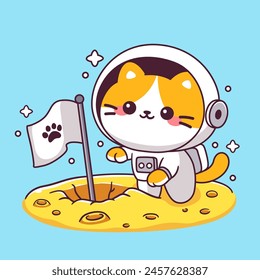 Lindo gato astronauta sosteniendo la bandera en la luna mascota de dibujos animados