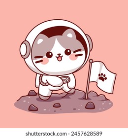 Lindo gato astronauta sosteniendo la bandera en la luna mascota de dibujos animados