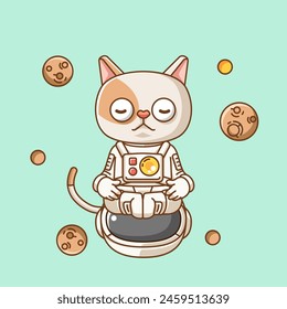 Cute cat astronaut meditation animal kawaii chibi character mascot illustration outline style design set