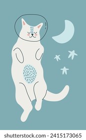Cute cat astronaut, moon and stars. Baby concept. For poster, greeting card, print, packaging.