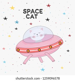 Cute cat astronaut in a mysterious object ufo in the sky night. Concept for children print. Sweet kids graphics for t-shirts. Greeting card.