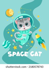 Cute cat astronaut in pink suit flying in open space. Kitty exploring universe with planets, stars for children print, greeting card or invitation design. Cartoon vector flat illustration.