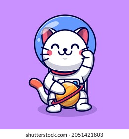 Cute Cat Astronaut With Planet Cartoon Vector Icon Illustration. Animal Science Icon Concept Isolated Premium Vector. Flat Cartoon Style