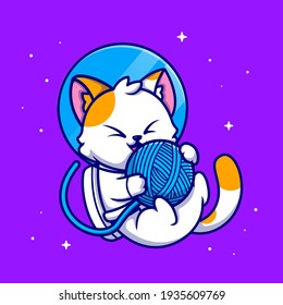 Cute Cat Astronaut Playing Yarn Ball Cartoon Vector Icon Illustration. Animal Science Icon Concept Isolated Premium Vector. Flat Cartoon Style