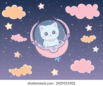 Cute cat astronaut ride spaceship in beautiful space landscape