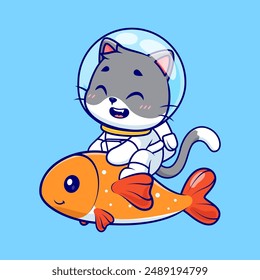 Cute Cat Astronaut Riding Fish Cartoon Vector Icon Illustration. Animal Science Icon Concept Isolated Premium Vector. Flat Cartoon Style