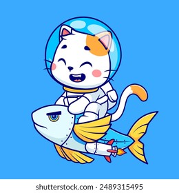 Cute Cat Astronaut Riding Fish Rocket Cartoon Vector Icon Illustration. Animal Science Icon Concept Isolated Premium Vector. Flat Cartoon Style