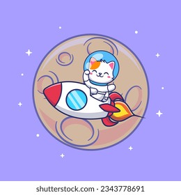 Cute Cat Astronaut Riding Rocket In Space Cartoon Vector Icon Illustration. Animal Science Icon Concept Isolated Premium Vector. Flat Cartoon Style