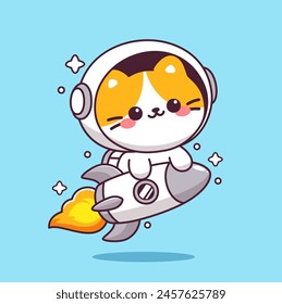 Lindo gato astronauta montando la mascota del cohete de dibujos animados