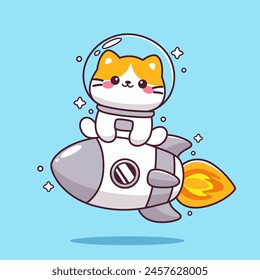 Lindo gato astronauta montando la mascota del cohete de dibujos animados 