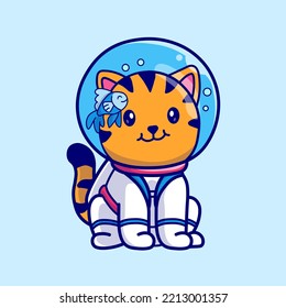 Cute Cat Astronaut Sitting With Fish In Helmet Cartoon Vector Icon Illustration. Animal Science Icon Concept Isolated Premium Vector. Flat Cartoon Style