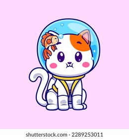 Cute Cat Astronaut Sitting With Fish Cartoon Vector Icon Illustration. Animal Science Icon Concept Isolated Premium Vector. Flat Cartoon Style