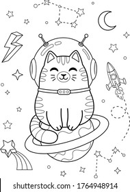 Cute cat astronaut sitting on Saturn in space. Vector outline isolated for coloring book