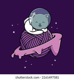 Cute Cat Astronaut Sitting On Yarn Planet Cartoon Vector Icon Illustration. Animal Science Icon Concept Isolated Premium Vector.