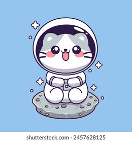 Lindo gato astronauta sentado en el planeta mascota de dibujos animados