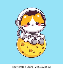 Lindo gato astronauta sentado en la luna mascota de dibujos animados