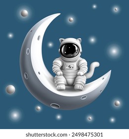 cute cat astronaut sitting on the half moon on blue sky background. space travel. vector cartoon character illustration.